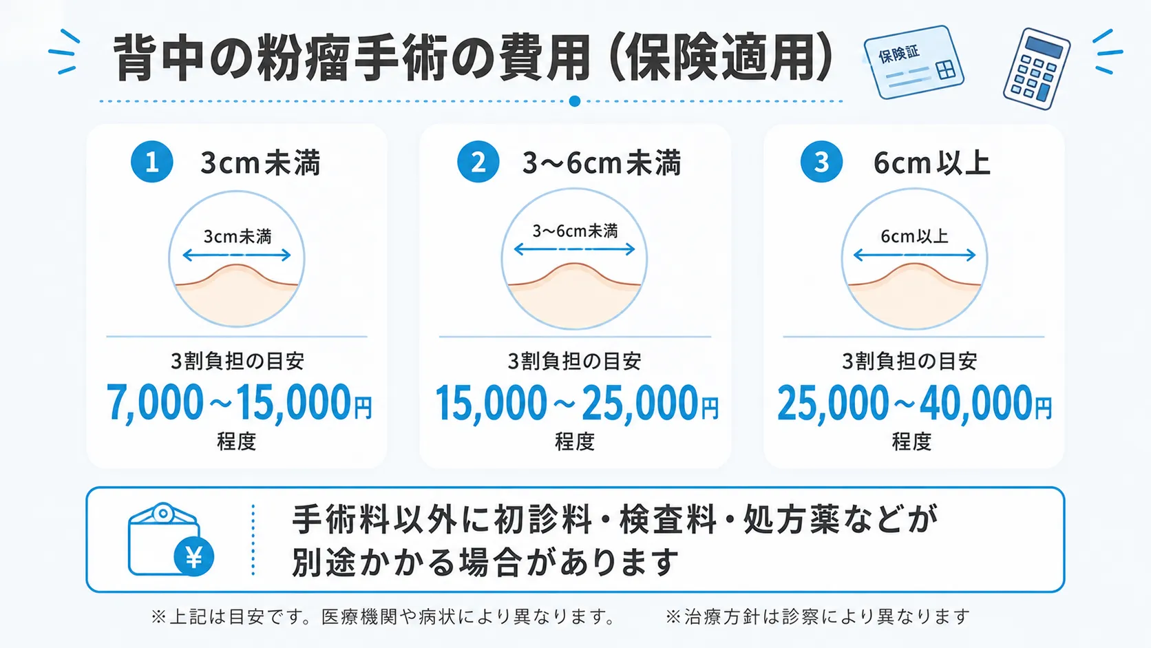 背中の粉瘤手術のサイズ別費用目安を示すインフォグラフィック
