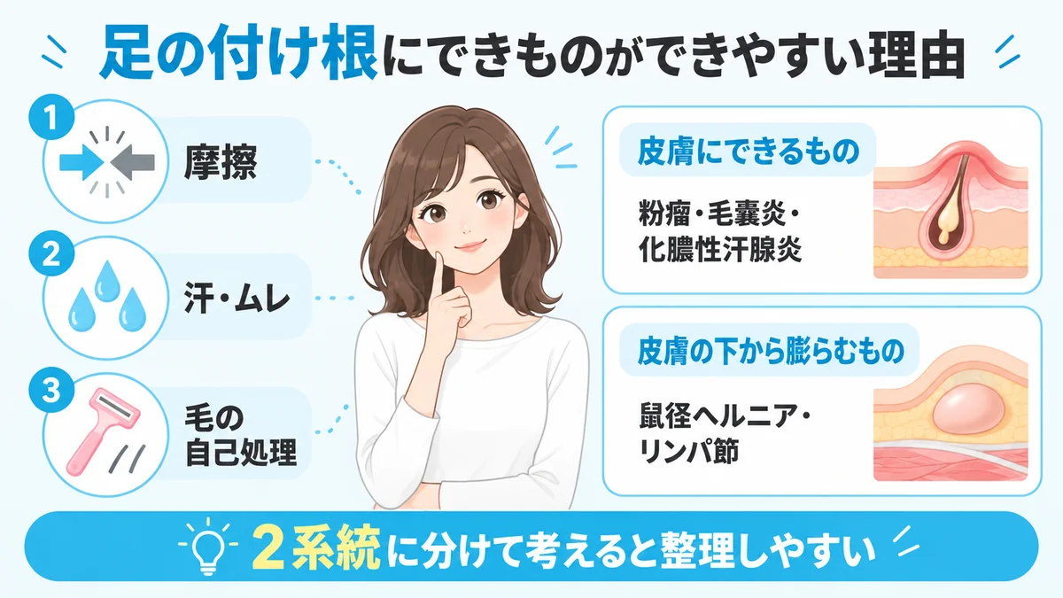 足の付け根にできものができやすい3つの理由（摩擦・汗ムレ・毛の自己処理）と、皮膚にできるもの・皮膚の下から膨らむものの2系統を示した図解