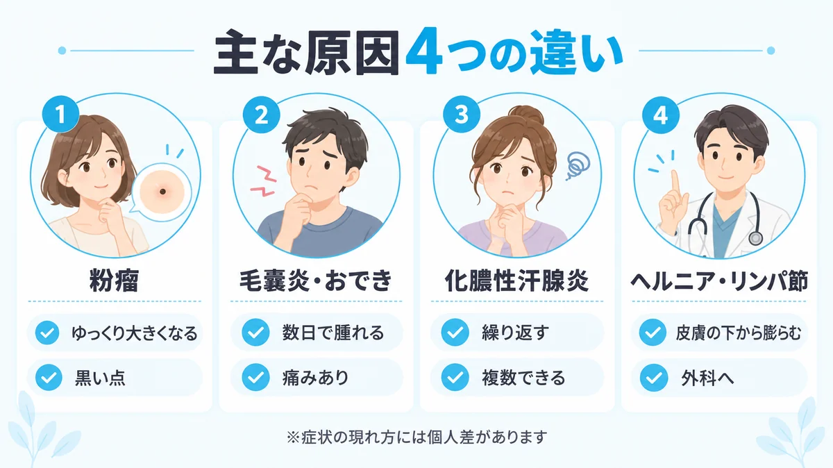 粉瘤・毛嚢炎・化膿性汗腺炎・ヘルニアやリンパ節の4つの原因の特徴を比較した図解