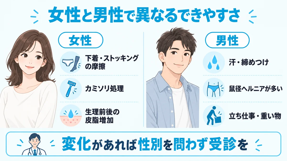女性と男性で異なる足の付け根のできものの原因ときっかけを比較した図解