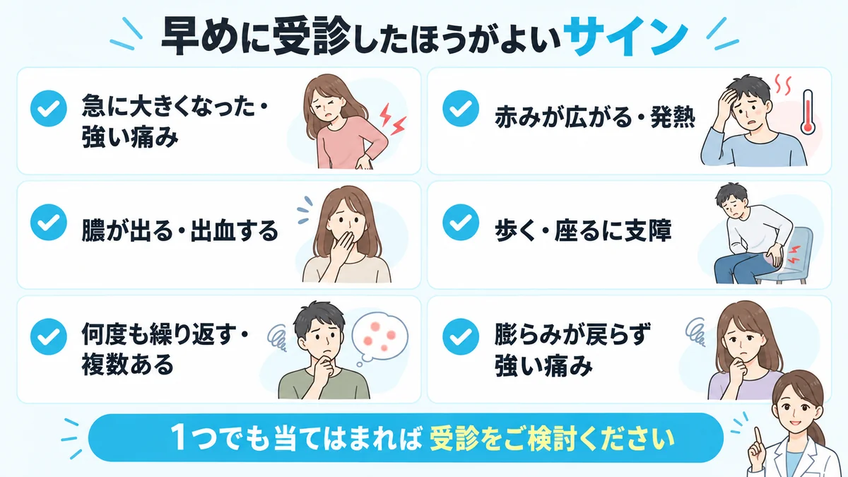 急な腫れ・発熱・膿・生活への支障・繰り返し・戻らない膨らみなど早めに受診したほうがよい6つのサインのチェックリスト
