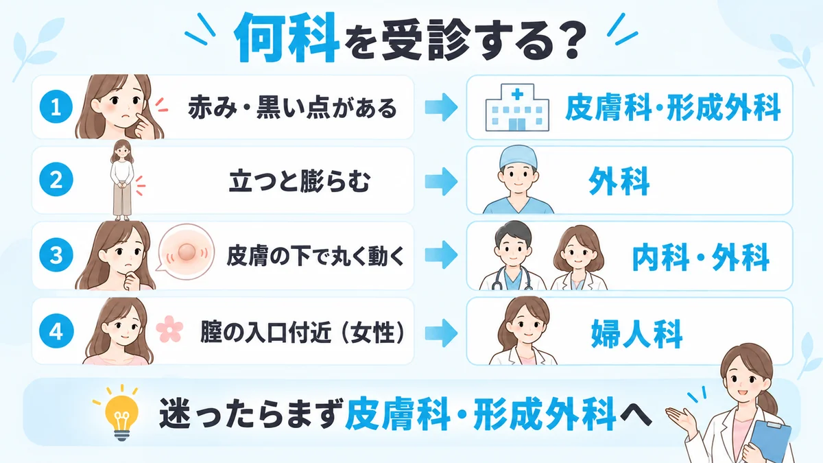 しこりの状態別に皮膚科・形成外科・外科・内科・婦人科のどこを受診するかを示したフロー図
