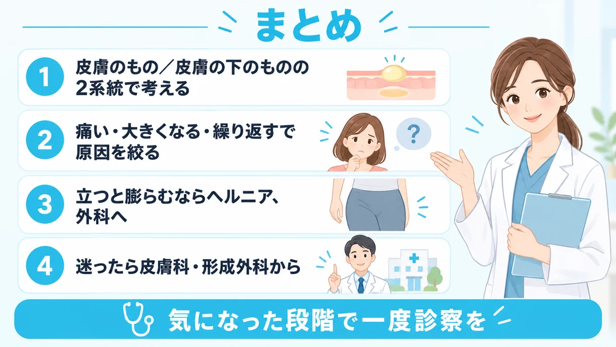 足の付け根のしこりについて2系統で考える・症状で原因を絞る・ヘルニアは外科へ・迷ったら皮膚科形成外科の4つの要点をまとめた図解
