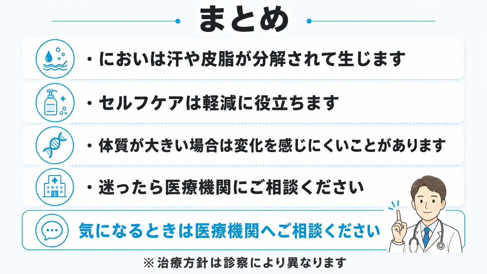 脇の臭いは汗や皮脂が分解されて生じ、セルフケアは軽減に役立つ一方で体質が大きい場合は変化を感じにくいことがあり、迷ったら医療機関に相談するとよいことをまとめたインフォグラフィック