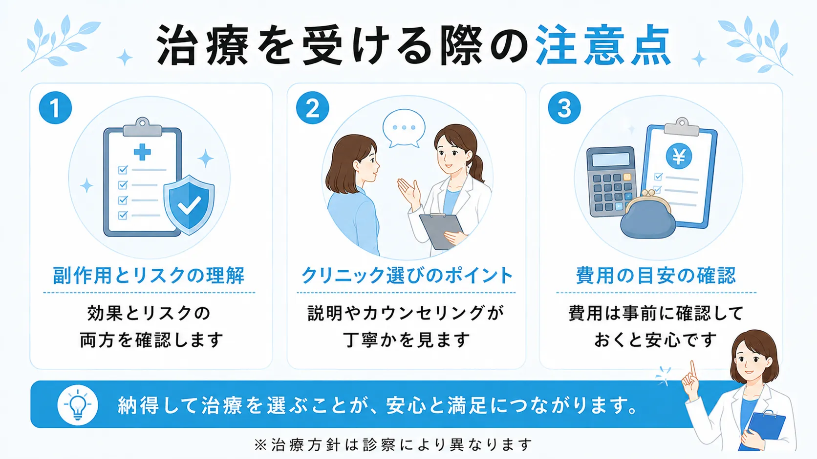 効果とリスクの両方を確認すること、説明やカウンセリングの丁寧さ、費用の事前確認など、脇汗の治療を受ける際の注意点を整理したインフォグラフィック