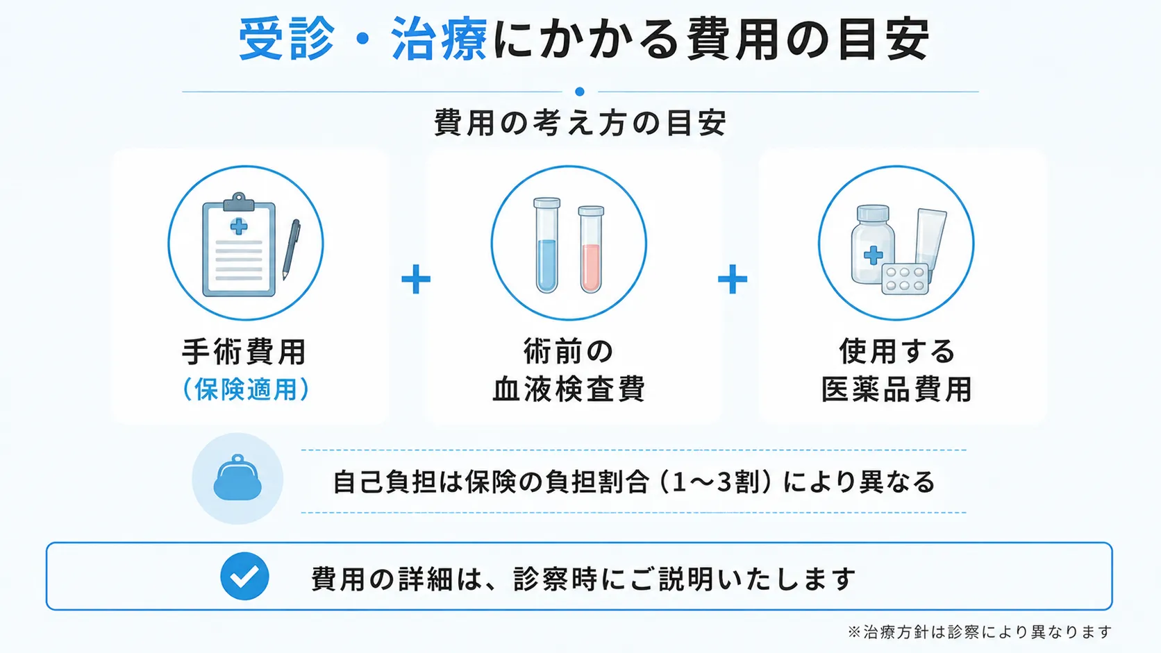 手術費用や術前の血液検査費など、治療にかかる費用の内訳を整理した図です。